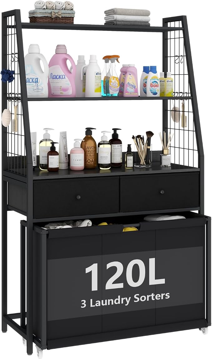 STIKELY Laundry Hamper Laundry Basket with 3 Section Pull-Out Rolling Bags & 2-Tier Storage Shelf, Laundry Sorter for Organization and Storage with 2 Drawers for Laundry Room, Bathroom by STIKELY