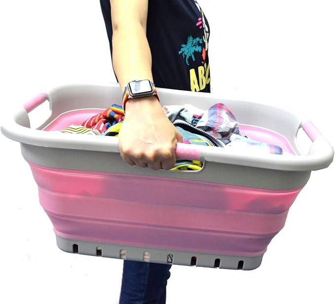 SAMMART 41L (10.8 gallon) Set of 2 Collapsible 3 Handled Plastic Laundry Basket-Foldable Pop Up Storage Container/Organizer-Space Saving Hamper/Basket (2, Grey/Pink) - Image 6