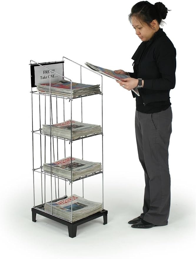 Displays2go Wire Newspaper Stand, Black, 4 Shelves | Free-Standing, Adjustable-Height Pockets, with Nameplate, NRWREGONE - Image 4