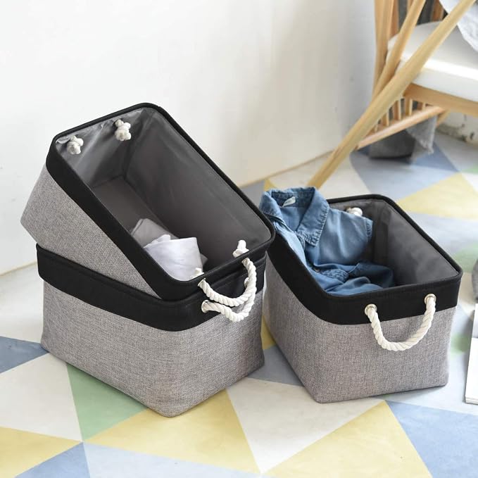 Collapsible Storage Bin for Shelves - 16x12x8 inch Large 3 Pack Storage Basket for Organizing with Rope, Fabric Storage Cubes for Organizer Toy Cloth Gift Closet (Black & Grey) - Image 4