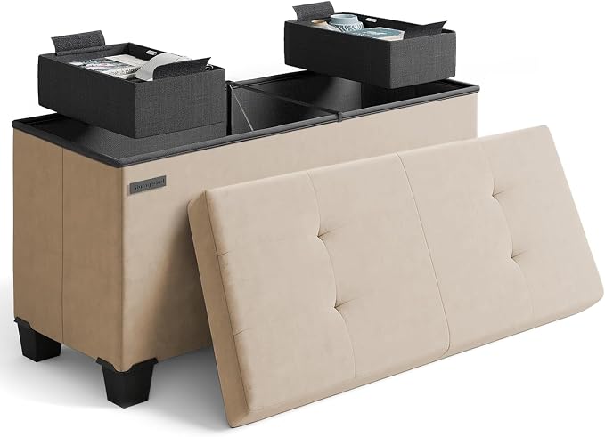 Storage Ottoman Bench with Bins, 30-in Storage Bench for Bedroom End of Bed, Folding Foot Rest Ottoman for Living Room Max 660lbs, Velvet Ottomans, Taupe by STORAGEBUD