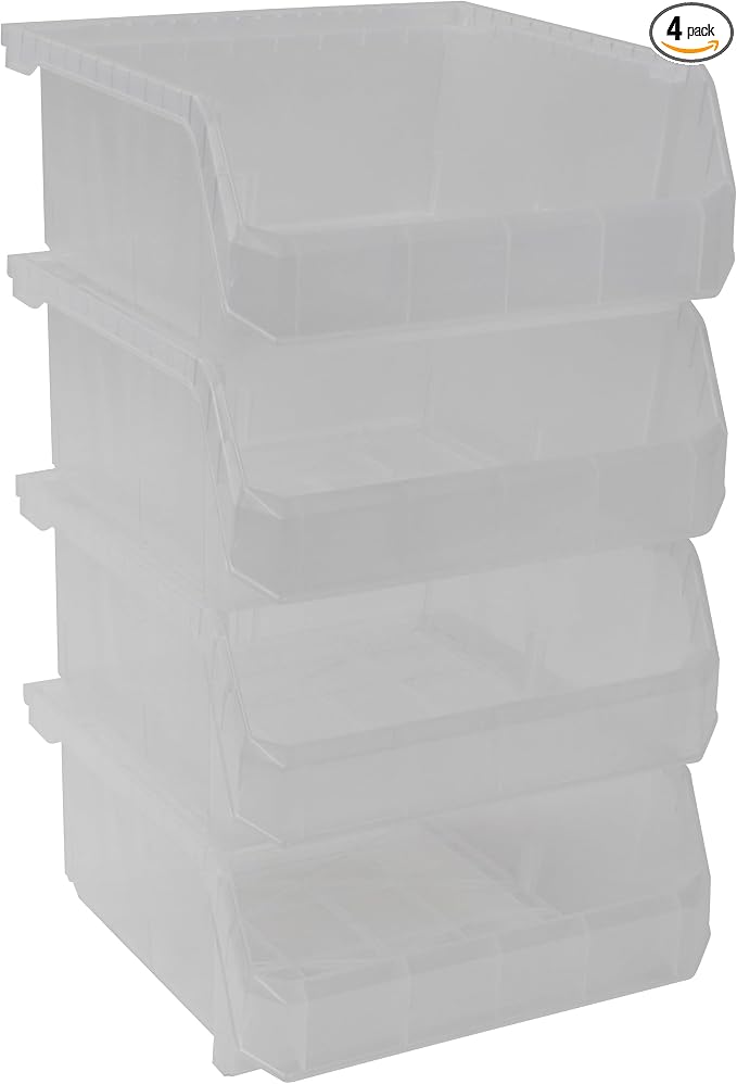 Medium-Wide Stackable Plastic Storage Bins, 4-Pack, Clear | Open-Front Stackable Bins For Garage, Pantry, Closet & Office, 11"L X 11"W X 5"H, Nests When Empty, Durable Plastic by Akro-Mils