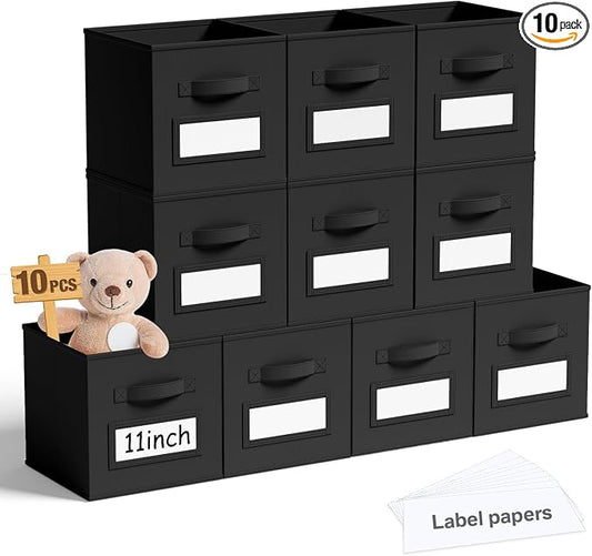 Teenyyou 10 Pack Fabric Storage Cubes 11 Inch Collapsible Cube Bins with Label Window & Handle Foldable Organizers Baskets for Shelf Closet Nursery Kids Room Clothes Book Toy(Black) by Teenyyou
