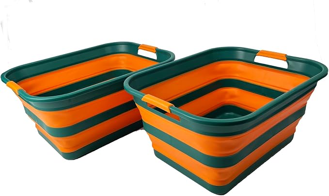 SAMMART Collapsible Plastic Laundry Basket with Handle/Foldable Pop Up Storage Hamper/Portable Laundry Organizer-Space Saving Washing Tub/Household Storage (Teal Green/Autumn leaf, 42L (Set of 2)) by SAMMART