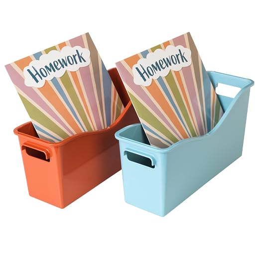 Really Good Stuff Easy Carry Storage Bins, Set of 6 Boho Colors | Durable Plastic File Folder Organizer, Magazine File Holder, Book & Binder Holder for Desk - Image 8