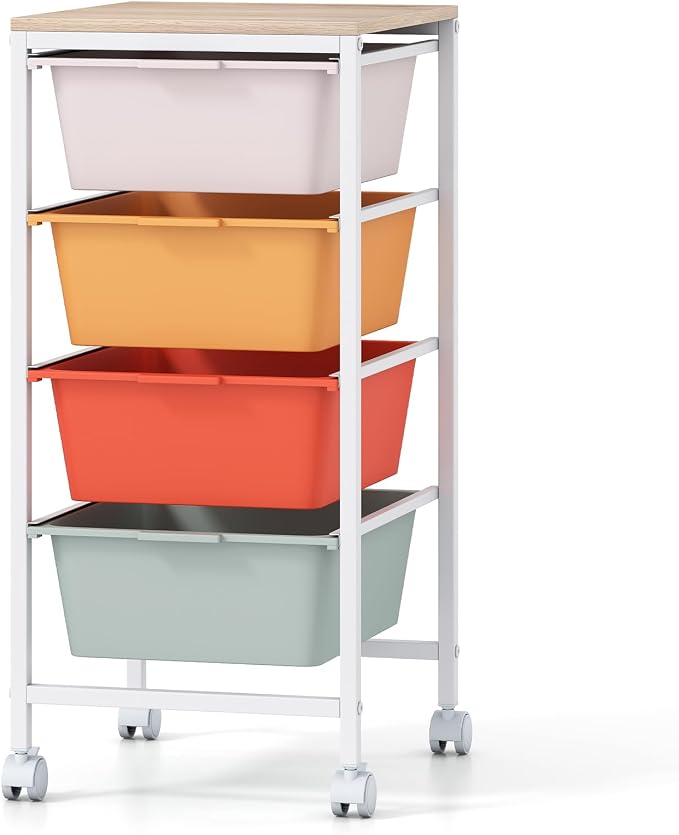 Giantex Rolling Storage Cart with 4 Drawers, Utility Cart w/Wooden Tabletop, Lockable Wheels, Multipurpose Organizer for Art Craft Scrapbook Paper, Drawer Carts for Dorm Classroom Office, Macaron by Giantex