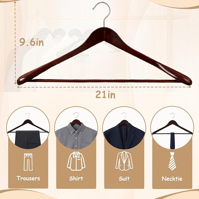 Urby 6pk 21 inch Wide Shoulder Wooden Hangers, Cherrywood Color | For Plus Size Cloth, No Shoulder Bump Design, Non Slip Pants Bar, For XXL Suit, Jackets, Heavy Cloths, Easy-to-Install Hook - Image 2
