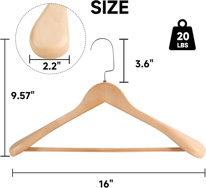 Wooden Suit Hangers, Non Slip Pants Bar, Natural Wood, 36-Pack, 16" | Wood Extra-Wide Shoulder Hangers, Flat-Head Hook Hangers for Suits, Coats, Jackets, Shirts, Pants, and Heavy Clothes - Image 2