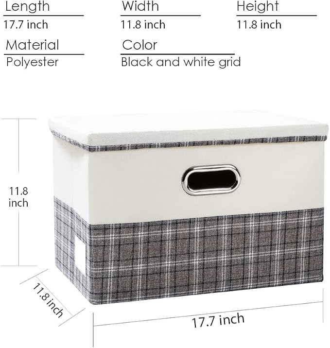 Large Collapsible Storage Bins with Lids [3-Pack] Fabric Foldable Storage Boxes Organizer Containers Baskets Cube with Cover for Home Bedroom Closet Office Gray plaid & Cream(17.7x11.8x11.8) - Image 3