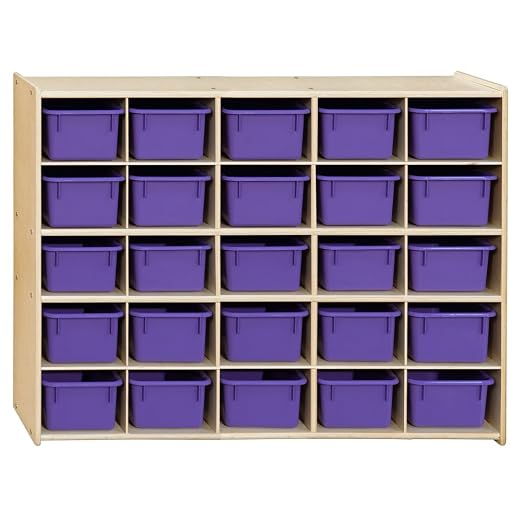 Contender 25 Trays Birch Hardwood Shelving Unit with Purple Bins, Kindergarten, Home-School, Daycare Organizer for Toys, Art and Craft Supplies [ Fully Assembled ] by Contender