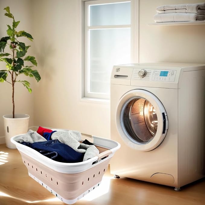 SAMMART 42L (11 gallon) Collapsible Plastic Laundry Basket - Foldable Pop Up Storage Container/Organizer - Portable Washing Tub - Space Saving Hamper/Basket (White/Latte) - Image 3