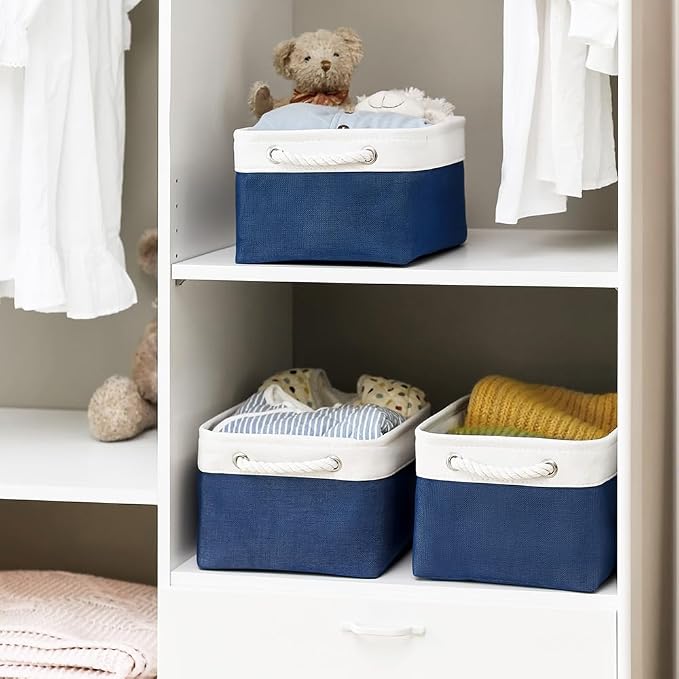 Storage Bins for Shelves - 1 Pack 13.8x9.7x6.7 inch Collapsible Storage Basket for Organizing, Dog Toy Bin for Closet Organizer laundry Cloth Nursery (White & Jean Blue) - Image 3