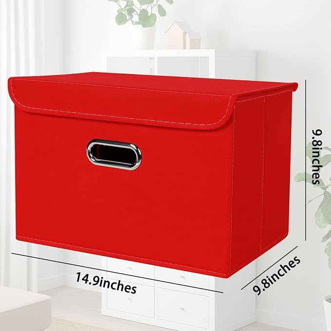 STOREONE Fabric Storage Cube Bins Foldable Organizer Container Collapsible Basket with Lids and Metal Handles, for Home, Bedroom, Closet 6 Pcs (Red) - Image 2