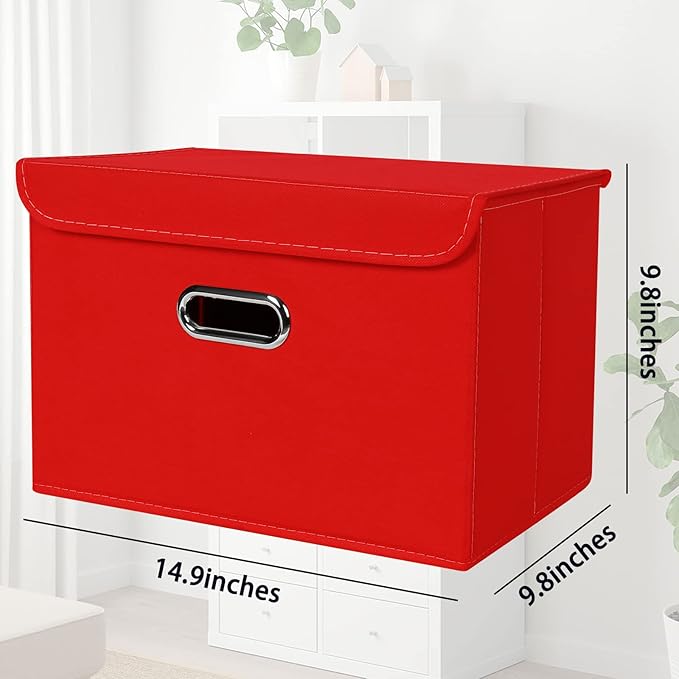 STOREONE Fabric Storage Cube Bins Foldable Organizer Container Collapsible Basket with Lids and Metal Handles, for Home, Bedroom, Closet 3 Pcs (Red) - Image 2
