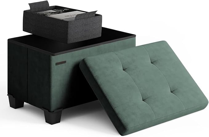 Storage Ottoman Cube with Small Bin, 16-in Square Ottoman with Storage for Living Room and Bedroom, Small Ottomans Foot Rest, Velvet Foot Stools Ottomans Max 330lbs, Green by STORAGEBUD