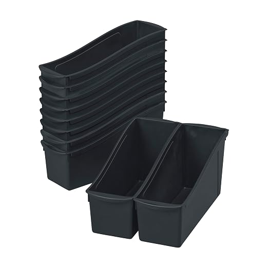 Linking Storage Book Bins, Plastic, 10-Pack, Black | Durable plastic with built-in handles, interlocking, nestable, ideal for books, magazines, and files in a classroom or office by SAVVYProductsbySVYP