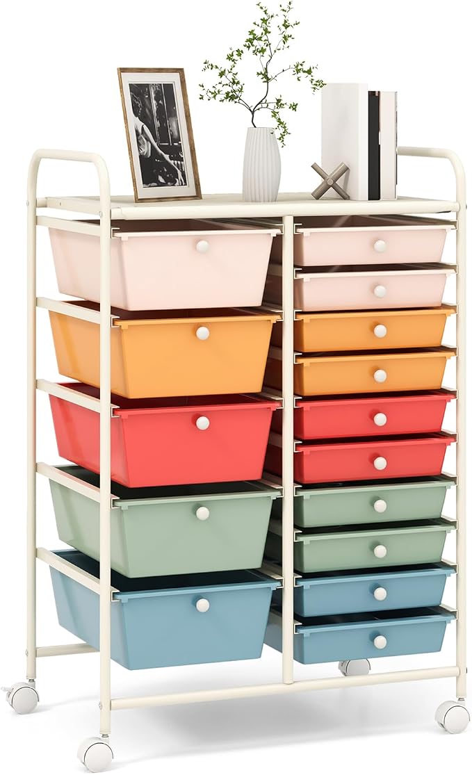 RELAX4LIFE 15-Drawer Storage Drawer Carts - Mobile Rolling Utility Cart w/Wheels, Craft Organizer for Classroom Organization and Storage, School, Office, Home, Storage Organizer Cart (Macaron) by RELAX4LIFE