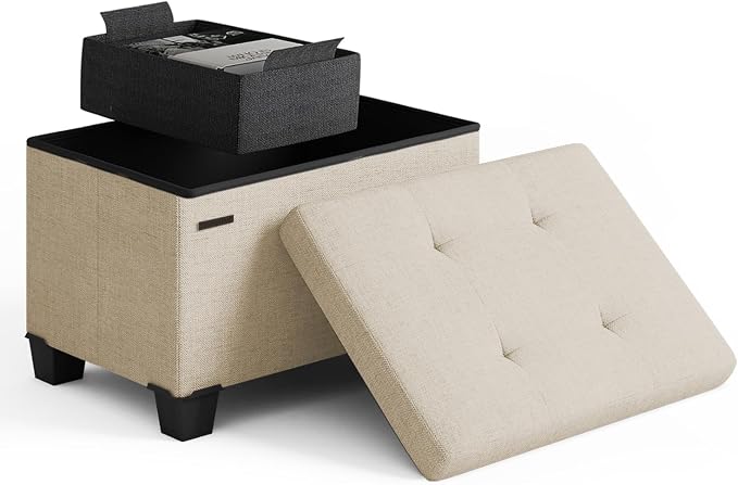 Storage Ottoman Cube with Small Bin, 16-in Square Ottoman with Storage for Living Room and Bedroom, Small Ottomans Foot Rest, Fabric Foot Stools Ottomans Max 330lbs, Beige by STORAGEBUD