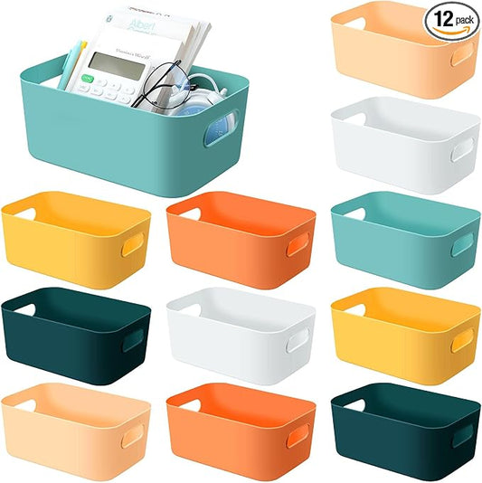 12 Pcs Small Plastic Storage Bins Basket with Handles Toy Organizers Pantry Basket Containers for Shelves Home Cupboard Kitchen Office Bathroom Organization Box(bright, 9.6 x 6.3 x 3.9 Inch) by Wenqik