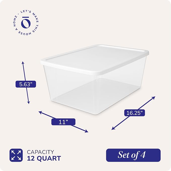 HOMZ 4-Pack Snaplock, Small Clear Plastic Storage Organizer Bins w/Lids, 12 Quart, White - Stackable Container Boxes for Bedroom, Bathroom, Garage, and Office Organization - Image 4