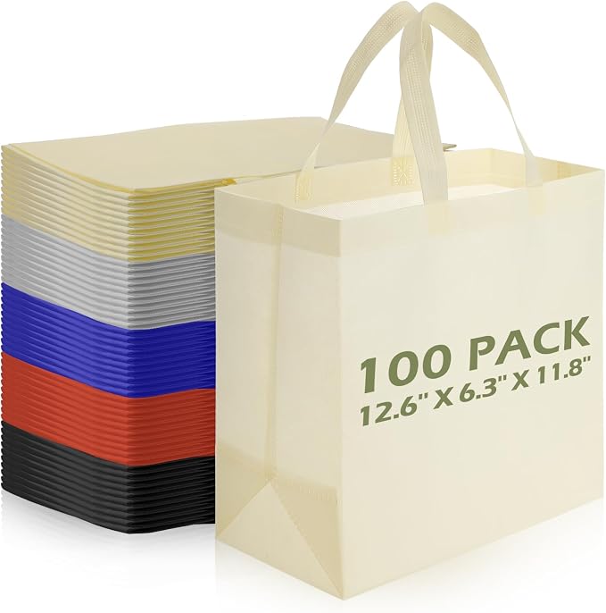 Reginary 100 PCS Non Woven Tote Bags Bulk,Multicolor | Reusable Shopping Bags with Handles, Stores, Groceries Markets, Events Gift, Party Supplies by Reginary
