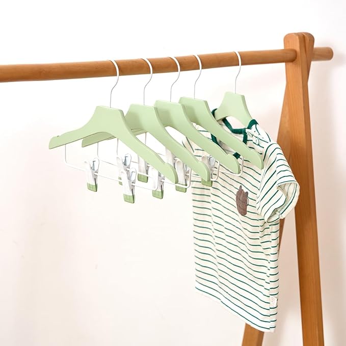 Green 12.7" Ultra-Thin Wooden Children Closet Clothes Clips Hangers 20PCS Wood Baby Kids Coat Hangers for Infant Toddler Newborn Jumpsuit Pants Skirts Jeans Space Saving Heavy Duty Durable - Image 5