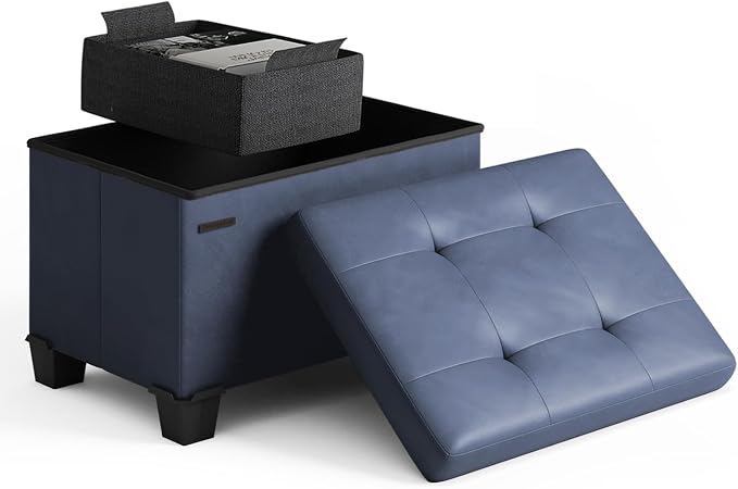 Storage Ottoman Cube with Small Bin, 16-in Square Ottoman with Storage for Living Room and Bedroom, Small Ottomans Foot Rest, Leather Foot Stools Ottomans Max 330lbs, Blue by STORAGEBUD