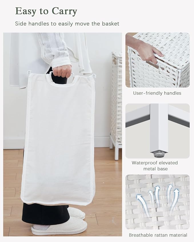 SETVSON Laundry Hamper with Lid, 112 L Handwoven Rattan, Cloud White | 2-Section Large Basket, 2 Removable Liner Bags, 3.34-In Heightened Metal Feet, 6 Mesh Laundry Bags, Side Handles - Image 4