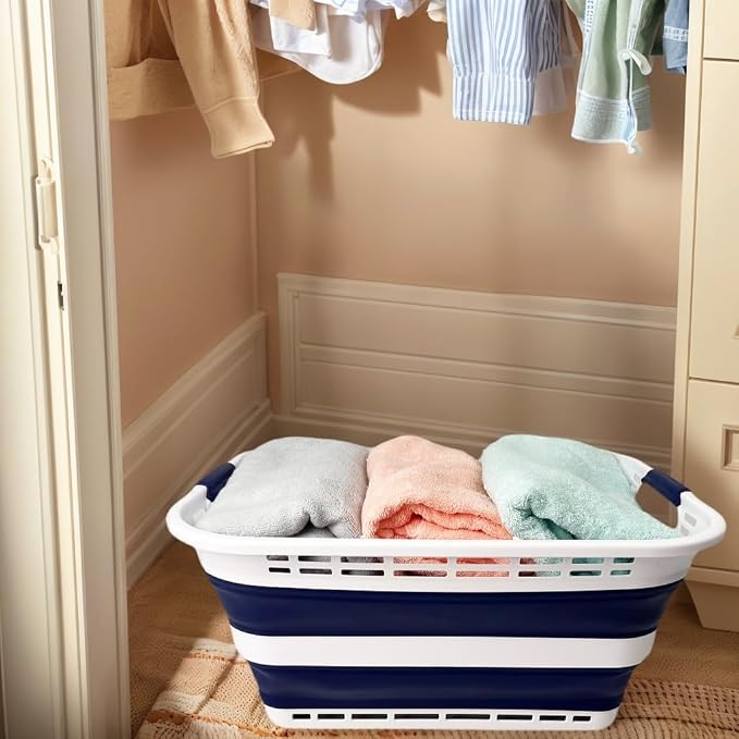 SAMMART 42L (11 Gallons) Collapsible Plastic Laundry Basket - Foldable Pop Up Storage Container/Organizer - Portable Washing Tub - Space Saving Hamper/Basket [BPA Free] (White/Starry Blue (Set of 2)) - Image 6