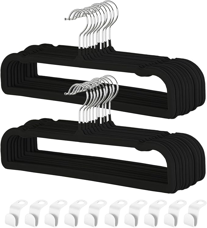 Pants Hangers Non Slip - 20 Pack Velvet Hangers for Closet - Thin Space Saving Clothes Hanger - Strong, Durable, Perchas Terciopelo with 360° Rotatable Hook for Jean, Tank Top, Bra, Shorts (Black) by VSVstoage
