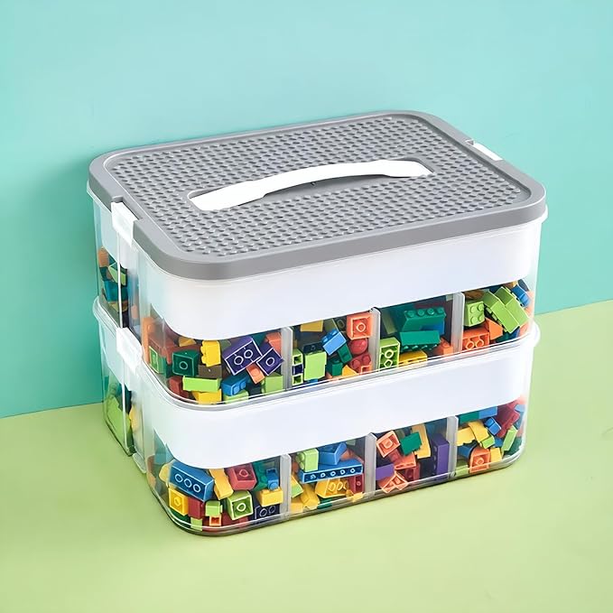 Toys Organizer Storage Case for Lego Box Kids Toy Stackable Building Blocks with Lids Bins Adjustable Lego Storage Containers Plastic Toy Box Grey 2 Layers by joyingbaby