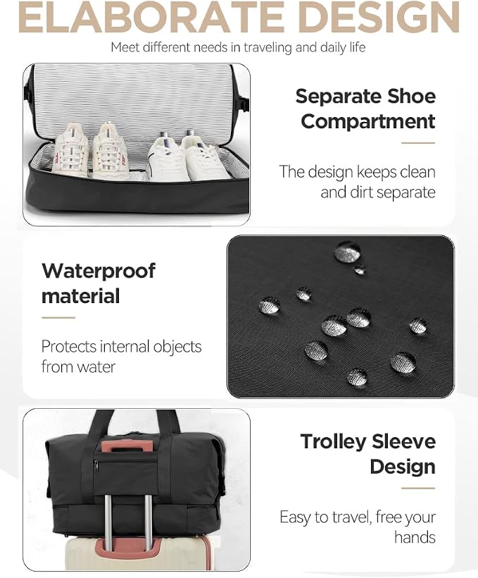 Oeihuivt Weekender Bags for Women - 21 Inch Large Travel Duffel Bag Set with Shoe Compartment, Heavy-Duty nylon Carry On Overnight Tote Black - Image 3