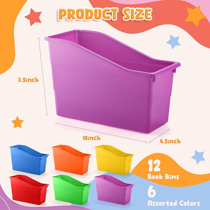 VZZNN 12 Pack Overlapping Classroom Storage Bins (Rainbow Colors) - Durable Book and Binder Holder, Plastic Vertical Storage Book Organizer Folder Classroom Organization Container Supplies - Image 2