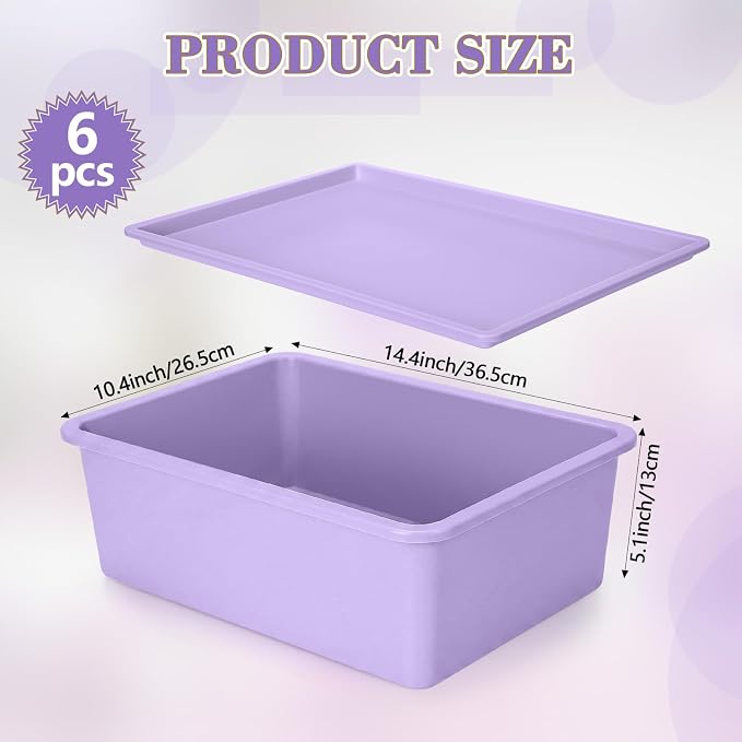 6 Pcs Large Plastic Storage Bins with Lids, Pink, Purple | 14.4 x 10.4 x 5.1 Inch, Stackable Storage Containers, Decorative Cubby Organizer for Clothes Shelves Garage Closet Office - Image 2