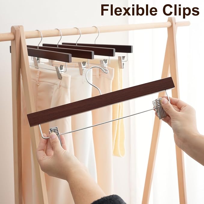 BAGAIL 20 Pack Wooden Pants Hangers with Adjustable Clips, 360°Swivel Hook Space Saving Skirt Holders with Anti-Rust Clips for Trousers, Jeans, Shorts(Walnut) - Image 3