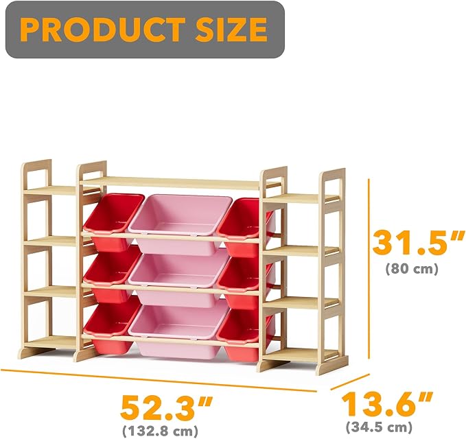 SpaceAid Large Toy Storage Organizer 9 Shelves 9 Bins, Toy Organizers Storage Bookshelf, Kids Bin Shelf Toys Box Bookcase for Bedroom Playroom Organization Room Decor, Red and Pink - Image 2