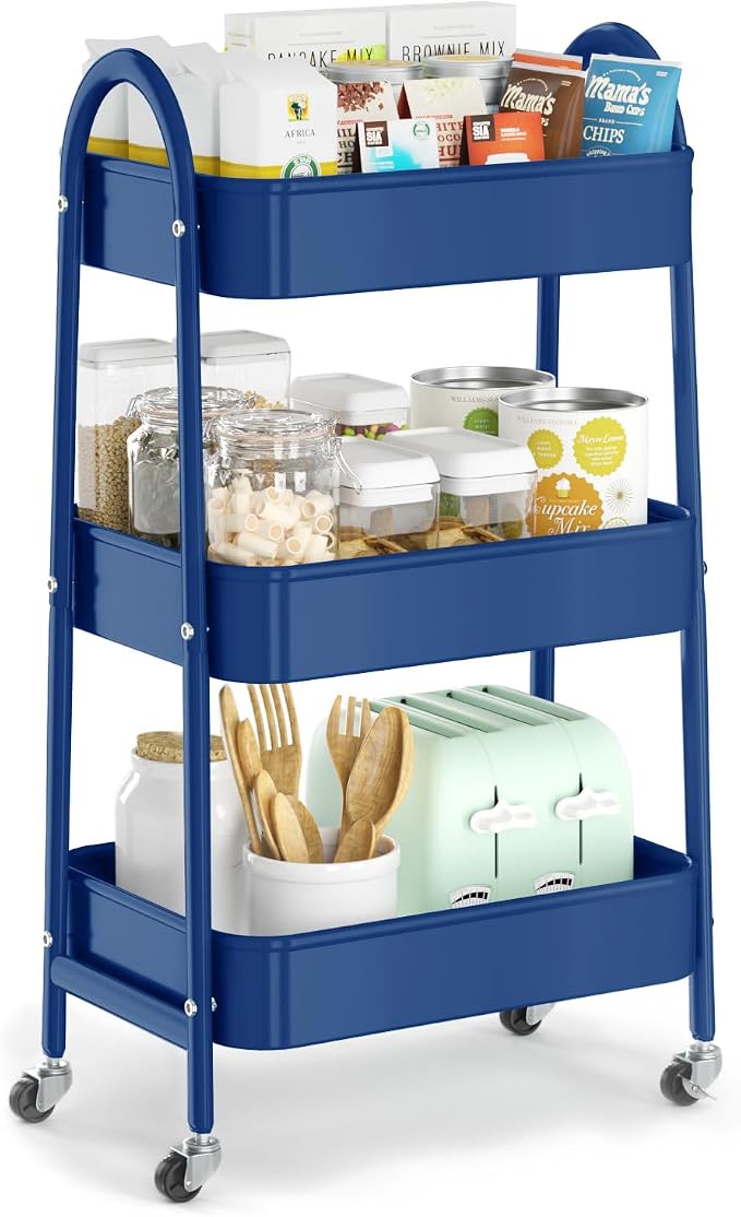 3 Tier Utility Rolling Cart, Metal Storage Cart with Handle and Lockable Wheels, Multifunctional Storage Organizer Trolley with Mesh Baskets for Kitchen, Living Room, Office, Garage (Indigo) by EAGMAK