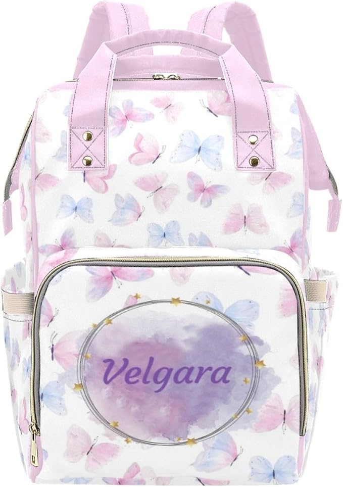 Custom Colorful Butterfly Diaper Bag for Women, Personalized Name Multifunction Nylon Nursing Mommy Daypack with Large Capacity for Travel, Birthday Mother Gift by Noverbibi