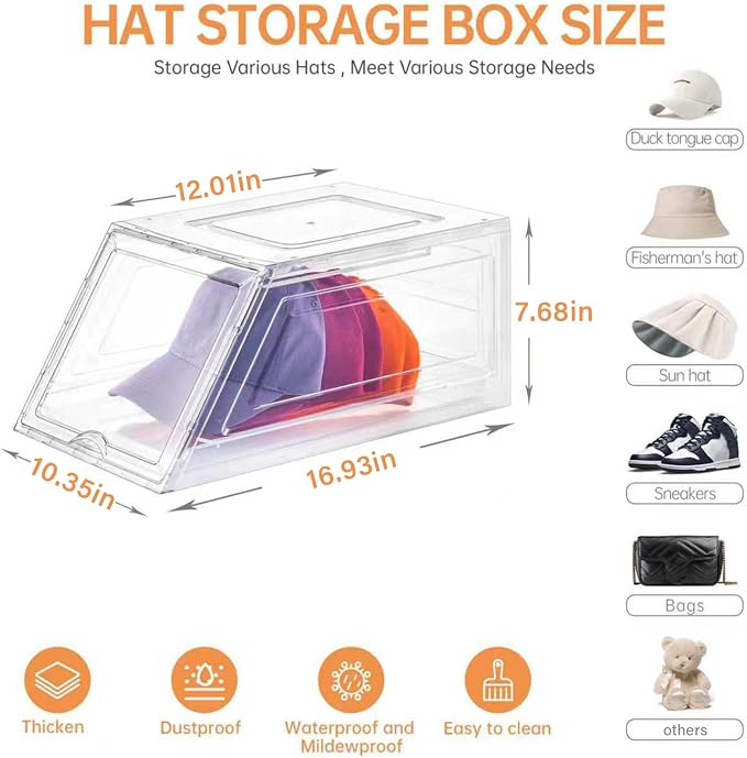 Stackable Clear Hat Organizer for Baseball Caps with Sliding Drawer | 4 Pack, Each Holds 12 Caps, Hat Storage Box for Closet, Transparent Hat Holder Display Case, Space-saving, Plastic - Image 2