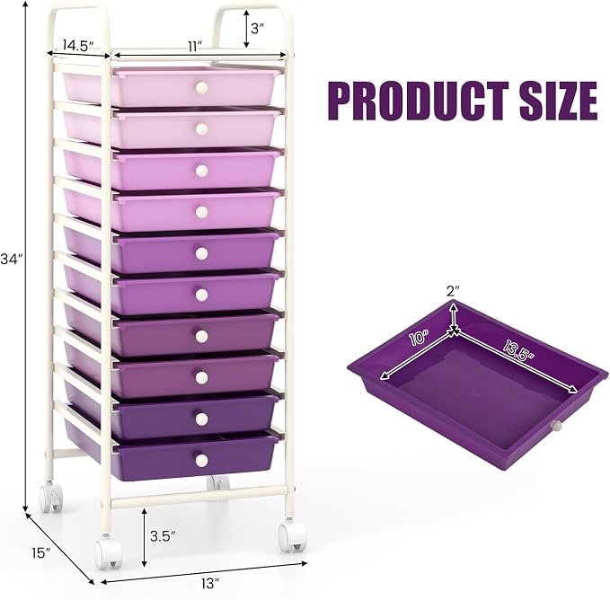 GOFLAME 10-Drawer Rolling Storage Drawer Cart, Utility Cart with Removable Drawers & Metal Frame, Mobile Art Craft Drawer Cart with Lockable Wheels for Home, Office, Studio, School, Purple Gradient - Image 3