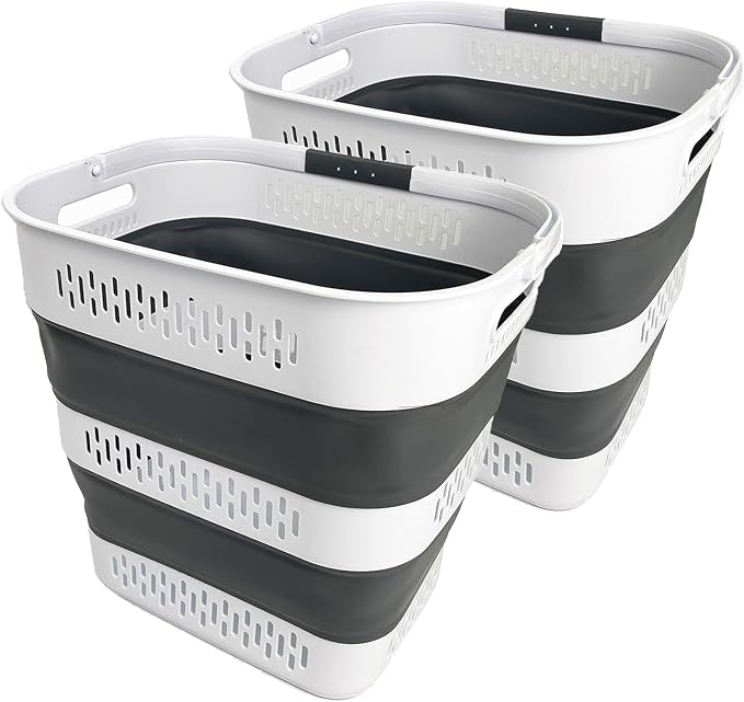 SAMMART 40L (10.5 Gallon) Collapsible Plastic Laundry Basket with Handles - Foldable Pop Up Storage Container/Organizer - Portable Laundry Hamper - Space Saving (2, White/Steel Grey) by SAMMART