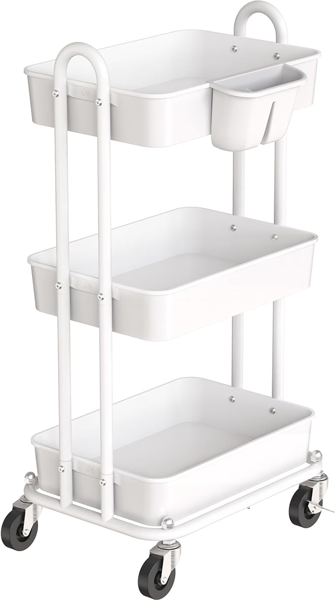 Simple Houseware 3-Tier Rolling Utility Cart with Hanging Bucket, White | Storage for Bathroom, Kitchen, Office, Study Room, Nursery Diaper by SimpleHouseware