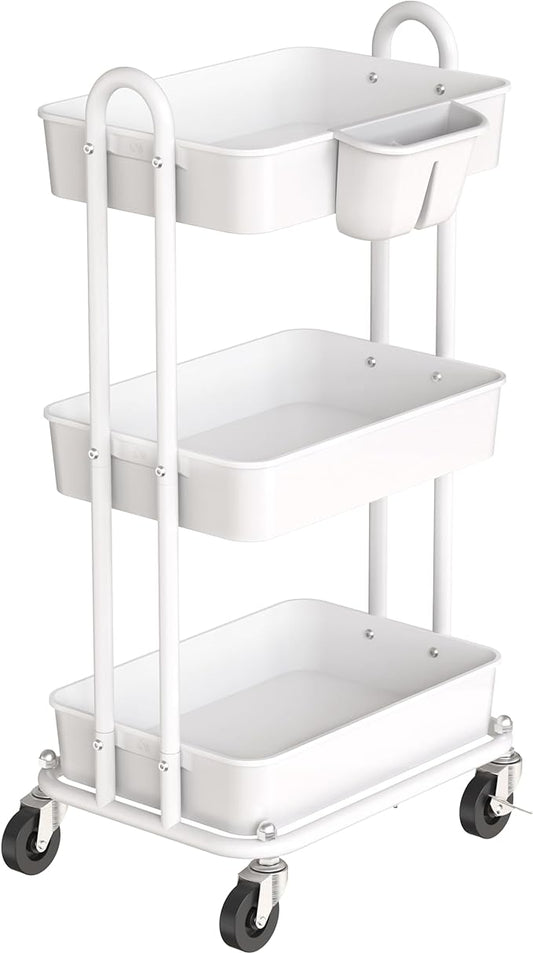 Simple Houseware 3-Tier Rolling Utility Cart with Hanging Bucket, White | Storage for Bathroom, Kitchen, Office, Study Room, Nursery Diaper by SimpleHouseware