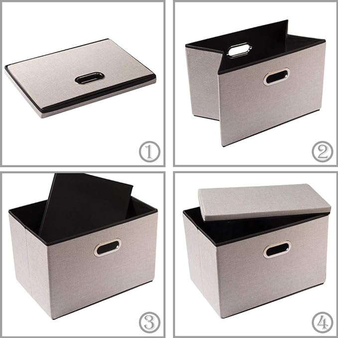 Foldable Storage Bin with Lid [3-Pack] Linen Fabric Decorative Storage Box Organizer Container Basket Cube with Handles Divider for Closet Office Living Room Light Grey(14.9x9.8x9.8) - Image 5