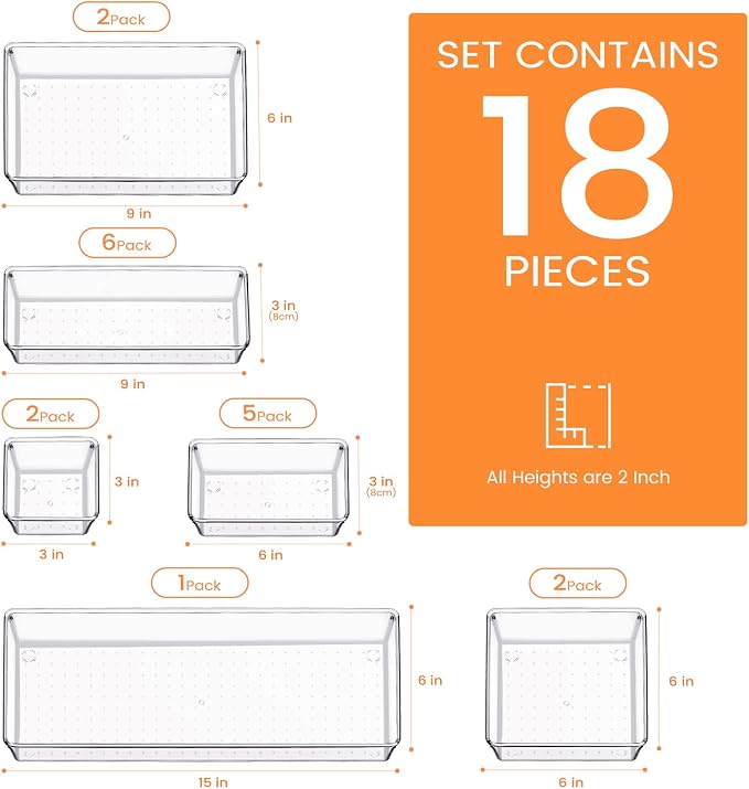 Drawer Organizer, 18 Pack Large Clear Plastic Kitchen Drawer Organizers Set, 6 Size Versatile Bathroom and Vanity Drawer Organizer Trays, Storage Bins for Makeup, Bedroom, Kitchen Utensils - Image 2