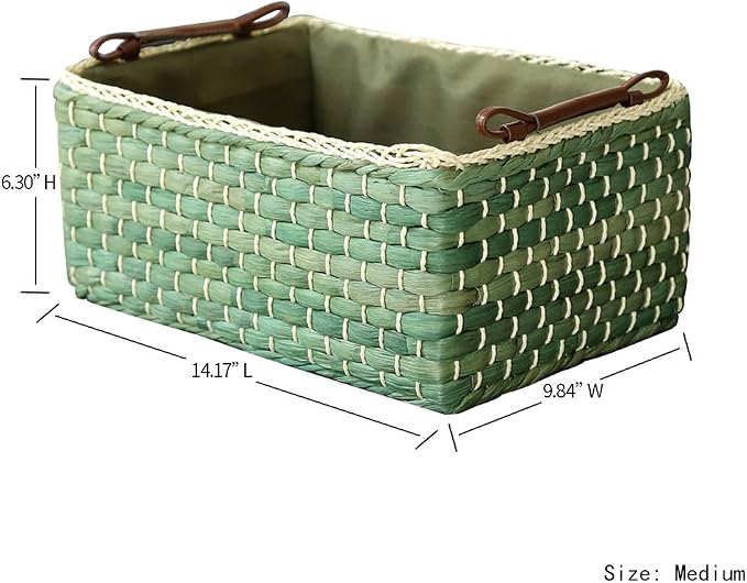 Baskets Woven Maize Straw Storage Bins with Handle (Medium, Green) | cute rustic look, for countertop, bathroom, cabinet, organize towels, gifts, household sundries - Image 2