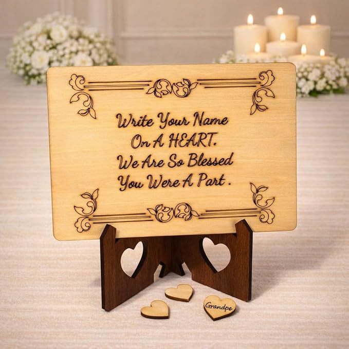 Wooden Heart Memorial Guest Book Alternative, Featuring-Forever in Our Hearts, Signing Hearts with Display Stand (135 Trinkets) - Image 4