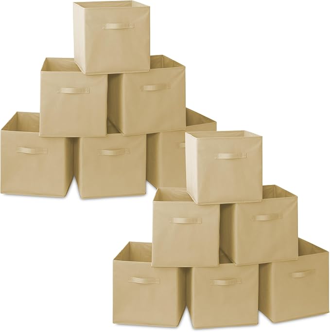 Casafield Set of 12 Collapsible Fabric Cube Storage Bins, Sandy Beige - 13" Foldable Cloth Baskets for Shelves, Cubby Organizers & More by Casafield