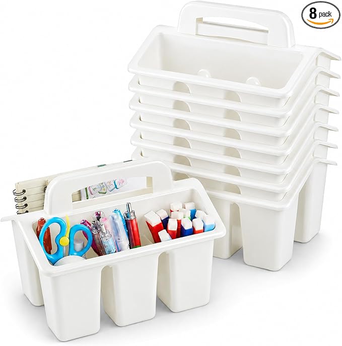 8 Pack Classroom Caddy Storage Basket with Handle 4 Compartment Storage Caddy Plastic Arts Crafts Caddies Protable Classroom Craft Caddies for Kids Schools Art Craft Supplies(White) by Yakydesign