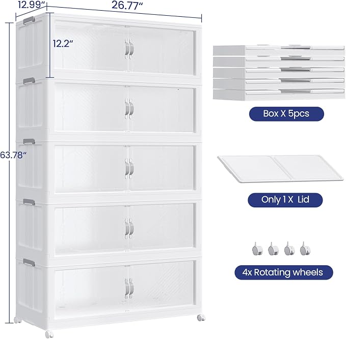 300QT Extra Large Stackable Storage Bins with Lid, 75Gal Plastic Closet Organizers and Storage Drawer, Collapsible Cabinet Box with Wheels Clear Doors for Home Kitchen Garage, 5Pack White - Image 2